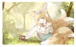  1girl absurdres animal_ears arknights blonde_hair blue_hairband blue_skirt bobby_socks brown_footwear cardigan commentary fox_ears fox_girl fox_tail from_side full_body green_eyes hairband highres ic_(iccccccccc81) kitsune knees_up kyuubi long_hair long_sleeves multiple_tails neck_ribbon official_alternate_costume on_ground open_mouth outdoors puffy_long_sleeves puffy_sleeves red_ribbon ribbon sitting skirt socks solo suzuran_(arknights) suzuran_(spring_praise)_(arknights) tail white_cardigan white_socks 