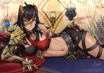  1girl adsouto black_hair black_shorts blue_eyes breasts criss-cross_halter dark-skinned_female dark_skin dehya_(genshin_impact) egyptian_clothes gauntlets genshin_impact hair_between_eyes hair_ears halterneck hand_on_own_hip highres looking_at_viewer lying medium_breasts midriff navel on_side shorts signature single_gauntlet smile solo torn_clothes torn_shorts usekh_collar 