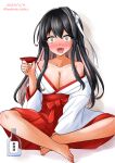  1girl @_@ alternate_costume bare_shoulders barefoot black_hair blush breasts cleavage collarbone cup dated drooling drunk empty_bottle hairband hakama highres holding holding_cup japanese_clothes kamiya_tadato kantai_collection kimono large_breasts long_hair looking_at_viewer miko mouth_drool multicolored_hair naganami_(kancolle) off_shoulder open_mouth pink_hair red_hakama simple_background sitting solo twitter_username two-tone_hair white_background white_hairband white_kimono yellow_eyes 
