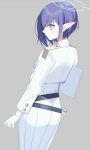  1girl aoi_(blue_archive) blue_archive blue_hair collared_jacket earclip eko epaulettes from_behind gloves halo highres jacket looking_to_the_side mole mole_under_eye pointy_ears short_hair simple_background solo standing white_gloves white_uniform 