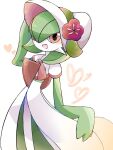  1girl adjusting_clothes adjusting_headwear arm_up blush bob_cut bonnet capelet clothed_pokemon colored_skin commentary_request flat_chest flower gardevoir gardevoir_(fashionable) green_hair green_skin hair_over_one_eye happy hat hat_flower heart highres looking_at_viewer multicolored_skin one_eye_covered open_mouth partial_commentary pokemon pokemon_(creature) pokemon_unite red_eyes red_flower red_trim short_hair smile solo suzu_(pixiv_32232702) two-tone_skin white_capelet white_headwear white_skin 