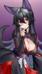  1girl absurdres alternate_breast_size animal_ear_fluff animal_ears black_hair blush breasts center_opening cleavage fox_ears fox_girl fox_tail gradient_background hair_between_eyes highres jewelry kitsune large_breasts long_hair looking_at_viewer nail_polish original pink_background purple_background red_eyes red_lips red_nails shaded_face smile solo tail very_long_hair yorugami_rei 