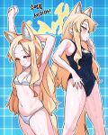  1girl animal_ear_fluff animal_ears bare_arms bare_legs bare_shoulders bikini black_one-piece_swimsuit blonde_hair blue_archive blush breasts closed_mouth covered_navel fox_ears fox_tail halo highres je_o_mo korean_text long_hair multiple_views name_tag one-piece_swimsuit school_swimsuit seia_(blue_archive) small_breasts swimsuit tail wet white_bikini yellow_eyes yellow_halo 