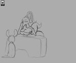 anthro arthropod artist_logo artist_name bored breasts butt cloak clothing duo eyebrows eyelashes female furniture grey_background hands_on_table hi_res hollow_knight horn iselda_(hollow_knight) logo male piekiller simple_background sketch table tail team_cherry the_knight_(hollow_knight) unfinished
