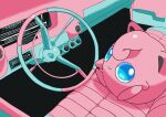  absurdres aqua_eyes car_interior closed_mouth commentary highres jigglypuff looking_at_viewer no_humans pokemon pokemon_(creature) saiku_(zvlku) sitting smile solo steering_wheel 