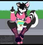 anthro black_body black_fur breasts canid canine canis clothed clothing collar diaper domestic_dog female fishnet flipping_viewer_off floppy_ears fur gesture hair hair_over_eye hi_res inline_skates looking_at_viewer mammal middle_finger one_eye_obstructed punk roller_skates shadyadi solo spiked_collar spikes