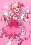 1girl :d alternate_costume apron blonde_hair bloomers chaos_marie_(grimms_notes) cup grimms_notes hair_ribbon heart heart-shaped_pupils holding holding_plate holding_teapot jewelry long_hair maid maid_headdress open_mouth pendant pink_background pink_eyes plate puffy_short_sleeves puffy_sleeves red_footwear ribbon shoes short_sleeves smile solo symbol-shaped_pupils teacup teapot walking yozumi_(caballero_423) 