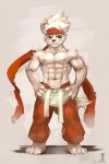 abs ainro anthro bottomwear canid canine canis clothing domestic_dog dong_xuan ear_piercing elysium_above fur green_eyes hair male mammal muscular muscular_anthro muscular_male nipples pants pecs piercing pose shirtless_male simple_background smile solo standing white_body white_fur