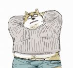 2024 anthro belly black_nose brown_body bulge canid canine canis clothing domestic_dog eyewear glasses hi_res kemono male mammal overweight overweight_male pommn_mn simple_background solo sweater topwear underwear white_background