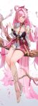  1girl absurdres anzu0130 blush breasts cleavage elf elysia_(honkai_impact) highres honkai_(series) honkai_impact_3rd large_breasts long_hair looking_at_viewer one_eye_closed open_mouth pink_hair pointy_ears purple_eyes smile solo 