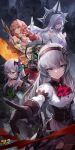  4girls absurdres armor bare_shoulders benghuai_xueyuan blindfold breasts character_request choker cleavage copyright_name famine_apocalypse_(benghuai_xueyuan) flower grey_hair hair_flower hair_ornament hairband halo highres holding holding_sword holding_weapon honkai_(series) long_hair multiple_girls official_art purple_eyes purple_hair red_eyes red_hair second-party_source smile sword veil weapon yellow_eyes 