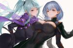  2girls absurdres beta_(kage_no_jitsuryokusha_ni_naritakute!) black_cape black_gloves blue_eyes blue_hair braid breasts cape cleavage commentary_request dress elf epsilon_(kage_no_jitsuryokusha_ni_naritakute!) gloves green_hair grey_background highres kage_no_jitsuryokusha_ni_naritakute! large_breasts long_hair long_sleeves looking_at_viewer mole mole_under_eye multiple_girls pointy_ears purple_eyes purple_scarf scarf simple_background single_braid taino_kou twintails white_dress 