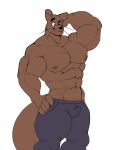 abs absurd_res anthro barefoot blue_bottomwear blue_clothing blue_shorts bottomwear brown_body clothed clothing cr4zydonuts1 feet finally_faded gesture hand_behind_head hand_on_head hand_on_hip hi_res male mammal muscular muscular_anthro muscular_male mustelid nipples otter pose raul_(finally_faded) shirtless shorts simple_background smile solo standing whiskers