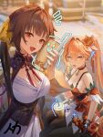  2girls black_choker black_pantyhose blurry blurry_background blush braid breasts brown_hair bubble_tea chinese_clothes choker cleavage collarbone commentary cup detached_sleeves disposable_cup drawn_smile dress drink drinking_straw face_filter flower food guinaifen_(honkai:_star_rail) hair_flower hair_ornament high_ponytail highres holding holding_drink holding_food holding_skewer honkai:_star_rail honkai_(series) large_breasts looking_at_viewer multiple_girls open_mouth orange_eyes orange_hair outdoors pantyhose red_dress renlili selfie short_sleeves sitting skewer standing sushang_(honkai:_star_rail) white_dress yellow_eyes yellow_sleeves 