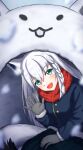  1girl animal_ear_fluff animal_ears blue_jacket blue_skirt blush braid commentary_request fox_ears fox_girl fox_tail gloves green_eyes grey_gloves hair_between_eyes highres hololive jacket long_hair looking_at_viewer open_mouth quinzhee red_scarf scarf shirakami_fubuki sidelocks single_braid skirt snow snow_shelter solo tail user_dfnr8777 virtual_youtuber waving white_hair 