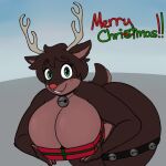 anthro antlers bell big_breasts breasts brown_body brown_fur christmas deer female fur green_eyes hi_res holidays horn mammal new_world_deer overweight red_nose reindeer sleepingpowder solo thick_thighs