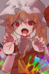  1girl absurdres ascot blonde_hair blood blood_on_face crystal fangs flandre_scarlet halloween hat highres medium_hair mob_cap open_mouth red_eyes solo speech_bubble stitches touhou upper_body user_pxaw4585 yellow_ascot zombie 