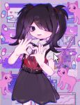  1girl ame-chan_(needy_girl_overdose) black_hair black_ribbon black_skirt cat collared_shirt cowboy_shot cuts emoji frown hair_ornament hair_over_one_eye hands_up heart heart_hands highres injury long_hair looking_at_viewer neck_ribbon needy_girl_overdose open_mouth pien_cat_(needy_girl_overdose) pill pleading_face_emoji purple_eyes pyure_(pyure0729) razor_blade red_shirt ribbon scar scar_on_arm self-harm self-harm_scar shirt skirt smile solo suspender_skirt suspenders twintails x_hair_ornament 