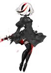  2b_(nier:automata) 2b_(nier:automata)_(cosplay) black_blindfold black_dress blindfold boots breasts cleavage_cutout clothing_cutout cosplay dress highres multicolored_hair nier:automata nier_(series) sage_(sonic) small_breasts sonic_(series) sonic_frontiers streaked_hair sword thigh_boots thighhighs usa37107692 weapon white_hair 