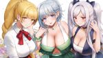  3girls :p absurdres alexia_midgar beta_(kage_no_jitsuryokusha_ni_naritakute!) black_choker blonde_hair blue_eyes blunt_bangs blush breasts choker cleavage closed_mouth collarbone commentary_request elf grey_hair highres huge_breasts jewelry kage_no_jitsuryokusha_ni_naritakute! large_breasts long_hair looking_at_viewer mole mole_under_eye multiple_girls navel neck_ribbon necklace noixen pointy_ears red_eyes red_ribbon ribbon rose_oriana shirt short_hair smile tongue tongue_out white_shirt yellow_eyes 