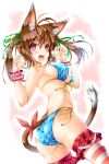  1girl animal_ear_fluff animal_ears ass bikini blue_bikini bow breasts brown_hair cat_ears cat_girl cat_tail green_ribbon hair_ribbon highres kamiya_tomoe medium_hair open_mouth original paw_pose purple_eyes ribbon slit_pupils solo striped_clothes striped_thighhighs swimsuit tail tail_bow tail_ornament teeth thighhighs twintails upper_teeth_only 
