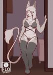 anthro bedroom_eyes black_clothing black_nose blurred_background bodily_fluids camel_toe clothed clothing doorframe felid feline female flomarcy fluffy fluffy_tail footwear fur genital_fluids hand_on_wall hi_res hybrid legwear mammal markings narrowed_eyes nipples partially_clothed pinup pose pussy_juice seductive sexy_eyes socks solo stockings sweat sweatdrop tail tattoo translucent translucent_clothing underwear white_body white_fur