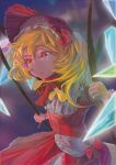  1girl adapted_costume alternate_headwear blonde_hair blurry blurry_background bonnet cowboy_shot crystal eluber flandre_scarlet glowing glowing_wings hair_between_eyes highres holding medium_hair multicolored_wings one_side_up open_mouth outdoors red_eyes red_headwear red_ribbon red_skirt red_vest ribbon ribbon-trimmed_headwear ribbon_trim shirt skirt solo teeth touhou upper_teeth_only vest white_shirt wings 