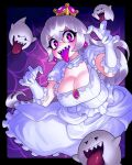  1girl 333_(dqqqdle) blush boo_(mario) breasts cleavage collar colored_tongue crown dress earrings frilled_collar frilled_gloves frills ghost ghost_pose gloves hair_between_eyes highres jewelry large_breasts long_hair looking_at_viewer mario_(series) mini_crown open_mouth princess_king_boo purple_tongue sharp_teeth short_sleeves spider_web_background super_crown teeth tongue tongue_out white_dress white_gloves white_hair 