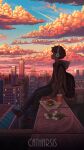  1boy absurdres backpack bag blue_sky building burger cloud contrail cup disposable_cup english_text evening facing_to_the_side flower food headphones highres hood hood_down jacket long_sleeves male_focus original pants pasoputi rooftop scenery shoes short_hair sitting sky town twilight 
