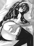  ass ass_grab bed blush breasts censored covering covering_breasts greyscale highres large_breasts long_hair lying maid monochrome nipples no_panties on_side open_clothes open_mouth open_shirt original penis pillow pussy pussy_juice shirt solo_focus tears thighhighs uni8 