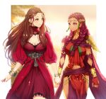  2girls absurdres bad_source bracelet braid breasts brown_hair cleavage_cutout clothing_cutout commission commissioner_upload dorothea_arnault fire_emblem fire_emblem:_three_houses fire_emblem_warriors:_three_hopes gao_kawa green_eyes highres holding_hands jewelry looking_at_another medium_breasts multiple_braids multiple_girls navel official_alternate_costume official_alternate_hairstyle petra_macneary purple_hair skeb_commission yuri 