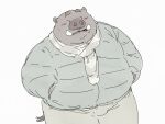 2024 anthro blush bottomwear clothing hi_res kemono male mammal overweight overweight_male pants pommn_mn scarf simple_background solo suid suina sus_(pig) sweater topwear wild_boar