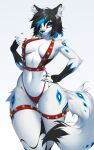absurd_res anthro biped black_hair breasts canid canine clothed clothing eyelashes female fur hair hi_res looking_at_viewer mammal mashiro_sssinohu panties pupils simple_background thick_thighs underwear white_background white_body wide_hips