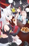  2girls :d :t absurdres ahoge animal_ear_fluff animal_ears aqua_eyes bell black_hair black_serafuku black_skirt black_sleeves blue_neckerchief breast_rest breasts breasts_on_table choker commentary_request cosplay cropped_shirt detached_sleeves earrings eating flipped_hair floral_print food fox_ears fox_girl fox_shadow_puppet fox_tail front_slit grin hand_up highres hiragi_moka holding holding_food hololive hood hooded_vest hoodie jewelry jingle_bell kouhaku_nawa light_blush long_hair long_sleeves looking_at_viewer medium_breasts miniskirt multicolored_hair multiple_girls neckerchief ookami_mio ookami_mio_(1st_costume) ookami_mio_(cosplay) red_choker red_hair rope sailor_collar school_uniform serafuku shimenawa shirakami_fubuki shirakami_fubuki_(1st_costume) shirakami_fubuki_(cosplay) shirt sidelocks single_earring sitting skirt sleeveless sleeveless_shirt smile spiked_hair streaked_hair tabi tail thighhighs vest virtual_youtuber white_hair white_sailor_collar white_sleeves white_thighhighs wide_sleeves wolf_ears wolf_girl yellow_eyes 