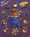2023 absurd_res aircraft angry animal_crossing anthro armor belly bottomwear brown_body clothing cooking don_resetti duo english_text eulipotyphlan eyes_closed flower hard_hat hat headgear headwear helicopter helmet hi_res male mammal marimosgoldfish mole_(animal) mr._resetti musical_note nintendo overalls overweight overweight_male plant shirt shorts sitting solo straw_hat suit text topwear