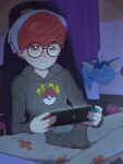  1girl bandaid bandaid_on_leg bed bedroom blush chair crossed_ankles curtains game_console gaming_chair glasses grey_eyes handheld_game_console highres holding holding_handheld_game_console multicolored_hair nintendo_switch penny_(pokemon) playing_games pokemon pokemon_sv purple_curtains red_hair rockset round_eyewear shorts sleeping solo swivel_chair two-tone_hair vaporeon white_hair 
