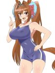 1girl animal_ears bare_shoulders blue_one-piece_swimsuit breasts brown_hair cleavage competition_school_swimsuit cowboy_shot daiwa_scarlet_(umamusume) fang hair_between_eyes hair_intakes highres horse_ears horse_girl index_finger_raised kagemusha large_breasts long_hair looking_at_viewer one-piece_swimsuit red_eyes school_swimsuit simple_background single_vertical_stripe solo swimsuit tail tail_through_clothes thighs tiara tracen_swimsuit twintails umamusume very_long_hair white_background 