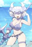  1girl bikini blue_sky breasts cloud collar dillo_(smootharmadillo) drill_hair duel_monster earrings grey_bikini grey_collar grey_eyes grey_hair halberd highres holding holding_weapon jewelry large_breasts looking_at_viewer lovely_labrynth_of_the_silver_castle no_nose ocean pointy_ears polearm sky solo swimsuit weapon weapon_behind_back yu-gi-oh! 