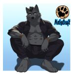 abs anthro black_hair bracelet bulge canid canine canis clothed clothing hair hi_res jewelry male male/male mammal muscular netiscraft open_clothing open_shirt open_topwear paws red_eyes shirt short_hair solo topwear wolf