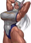 1girl absurdres animal_ears armpits arms_behind_head arms_up artist_name bare_legs bare_shoulders boku_no_hero_academia breasts covered_abs covered_navel covered_nipples crescent_print dark-skinned_female dark_skin fur_collar highleg highleg_leotard highres huge_breasts ibuo_(ibukht1015) leotard long_eyelashes long_hair looking_at_viewer mirko muscular muscular_female parted_bangs rabbit_ears rabbit_girl rabbit_tail red_eyes simple_background solo tail taut_leotard teeth thick_thighs thighs tongue tongue_out upper_teeth_only white_background white_hair white_leotard 