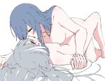  2girls blue_hair breasts closed_eyes completely_nude fu_hua fu_hua_(herrscher_of_sentience) grey_hair hand_on_another&#039;s_hand honkai_(series) honkai_impact_3rd kiss long_hair multicolored_hair multiple_girls nipples nude simple_background small_breasts streaked_hair white_background white_hair yunomi_(yunomi_hs) 