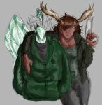 2_horns 5_fingers abelisaurid anthro arm_around_shoulders bone_frill breasts brown_body brown_scales carnotaurus cleavage clothed clothing dinosaur duo fake_antlers female fingers frill_(anatomy) green_(snoot_game) grey_eyes gun hair handgun head_crest head_frill holding_gun holding_handgun holding_object holding_pistol holding_weapon horn looking_at_viewer male membrane_(anatomy) membranous_wings military_jacket moose_antlers pistol pterodactylus pterosaur pupils ranged_weapon reptile sakamtosng scales scalie silver_hair simple_background slit_pupils snoot_game snout striped_frill theropod weapon wings