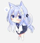  1girl 3: animal_ear_fluff animal_ears black_dress blue_eyes blue_hair blush cat_ears cat_girl cat_tail chibi closed_mouth commentary_request double-parted_bangs dress embarrassed flower hair_between_eyes hair_flower hair_ornament kemonomimi_mode long_hair long_sleeves looking_at_viewer original paw_print shirt simple_background skirt skirt_tug sleeveless sleeveless_dress solo standing tail tail_raised two_side_up utsunomiya_tsumire v_arms white_background white_flower white_shirt yuki_(utsumire) 