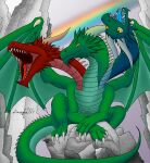 absurd_res angry dragon dragon171 feral heads hi_res male mountain rainbow rock sitting solo spikes tail three wings