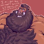 1:1 2024 anthro beard big_beard big_muscles black_eyes blush blush_lines body_hair brown_background brown_beard brown_body brown_chest brown_eyebrows brown_facial_hair brown_hair brown_mustache chest_hair chest_tuft digital_media_(artwork) ear_piercing english_text eyebrows facial_hair fan_character hair headshot_portrait hi_res jun_(bigboarjun) long_beard looking_up male mammal muscular mustache nude open_mouth piercing pink_blush pink_nose pokenerd8 portrait question question_mark sharp_teeth simple_background solo suid suina sus_(pig) teeth text thick_eyebrows tongue tuft white_text wild_boar