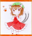  1girl animal_ear_fluff animal_ear_piercing animal_ears blush bow bowtie brown_eyes brown_hair cat_ears cat_tail chen chibi closed_mouth commentary_request earrings ellipsis_(mitei) frills full_body green_headwear hair_between_eyes hands_up hat highres jewelry juliet_sleeves long_sleeves looking_at_viewer mob_cap multiple_tails nekomata paw_pose paw_print paw_print_background petticoat puffy_long_sleeves puffy_sleeves red_skirt red_vest shikishi short_hair simple_background single_earring skirt skirt_set smile solo tail touhou traditional_media two_tails vest white_background white_bow white_bowtie 