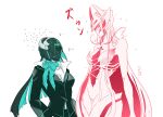  2girls allmind_(armored_core_6) aqua_hair armored_core armored_core_6 ayre_(armored_core_6) bare_shoulders black_hair black_jacket breasts cleavage colored_skin commentary_request flying_sweatdrops height_difference helmet highres jacket jojo05_rabbit09 medium_breasts multicolored_hair multiple_girls personification sparkle sweatdrop translation_request two-tone_hair white_hair white_skin 
