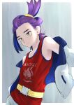  1boy absurdres bare_shoulders blue_hair border buckle closed_mouth commentary_request dressing grey_background highres jacket kieran_(pokemon) male_focus mole mole_on_neck multicolored_hair off_shoulder outside_border pokemon pokemon_sv purple_hair red_shirt sa_(gtep5825) shirt shorts sleeveless sleeveless_shirt solo strap tank_top two-tone_hair white_border white_jacket yellow_eyes zipper zipper_pull_tab 