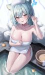  1girl absurdres blue_archive blue_halo blush breasts brown_eyes cleavage collarbone food fruit green_hair hair_between_eyes halo highres large_breasts looking_at_viewer medium_hair naked_towel non-web_source official_alternate_costume onsen open_mouth shigure_(blue_archive) shigure_(hot_spring)_(blue_archive) sitting smile solo towel water white_towel yuzu_(fruit) 