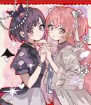  2girls :&lt; :d argyle argyle_background black_choker black_shirt blue_ribbon blush blush_stickers bow bow_earrings brown_eyes brown_hair choker demon_wings drawn_wings earrings flower from_side grin hair_between_eyes hair_ribbon heart highres holding_hands interlocked_fingers inu_totemo jacket jewelry long_hair long_sleeves looking_at_viewer momoi_airi multiple_girls neck_ribbon open_clothes open_jacket parted_bangs parted_lips pink_eyes pink_hair pleated_skirt project_sekai ribbon shinonome_ena shirt short_hair short_sleeves sidelocks skirt smile sparkle teeth two_side_up white_flower white_jacket white_ribbon white_skirt wide_sleeves wings 